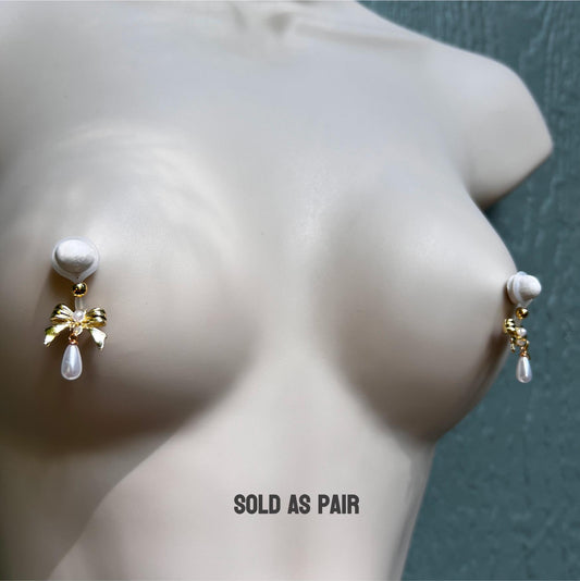 Gold Bow & Pearl Dangle - Faux Nipple Piercing / Non Piercing Nipple Jewelry
