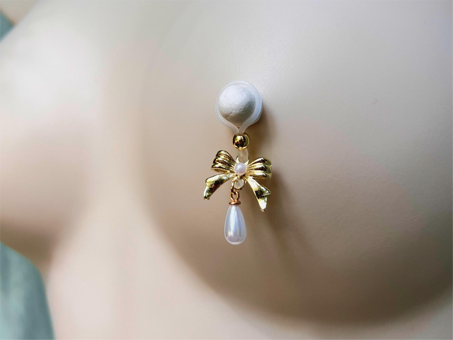 Nipple non piercing with pearl and bow charm, pearl nipple jewelry
