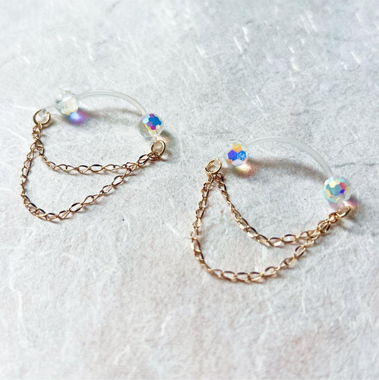 Sparkly Beads & Dainty Chains - Barbell Nipple Rings / Faux Nipple Piercing