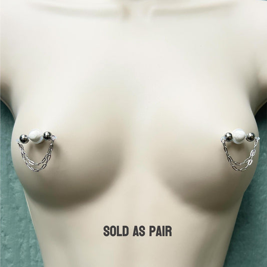 Chain & Large Silver Barbell Nipple Jewelry - Barbell Nipple Chain Piercings / Non Piercing Nipple Jewelry