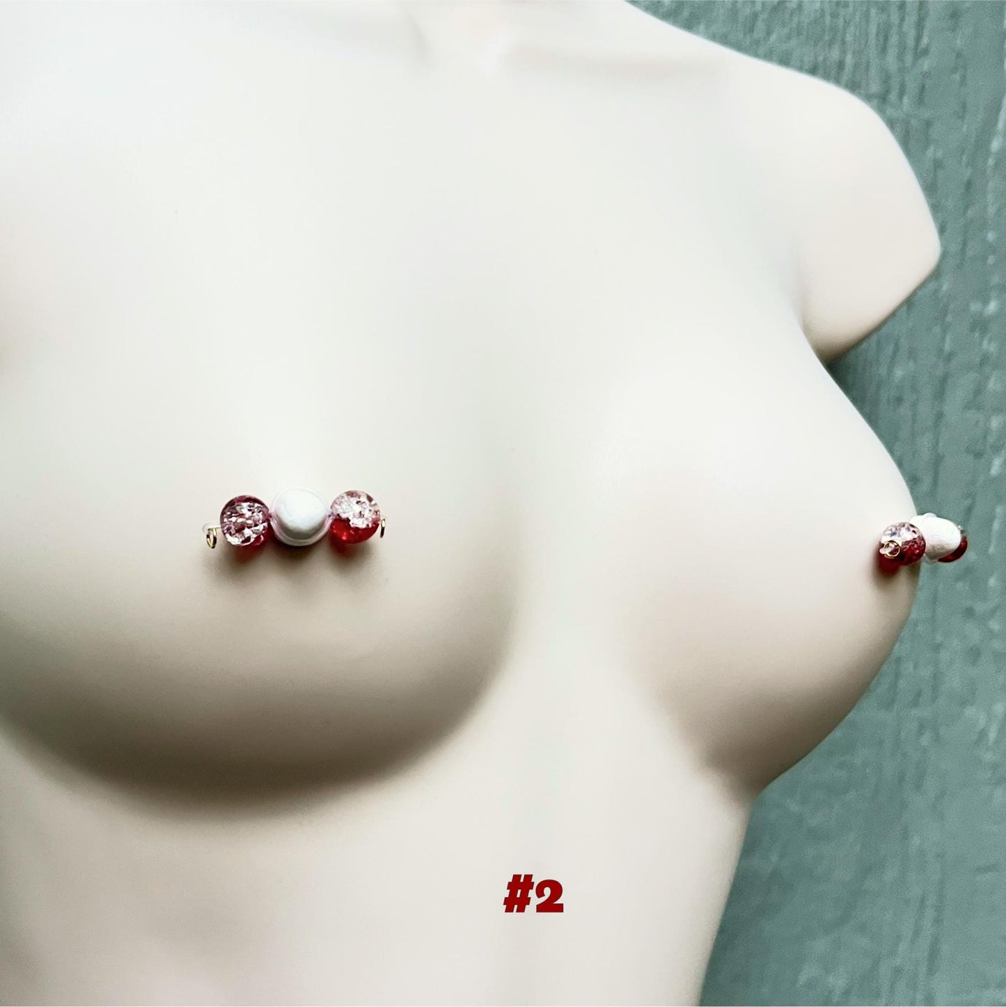 Frosted Red Beads - Barbell Nipple Rings / Faux Nipple Piercing