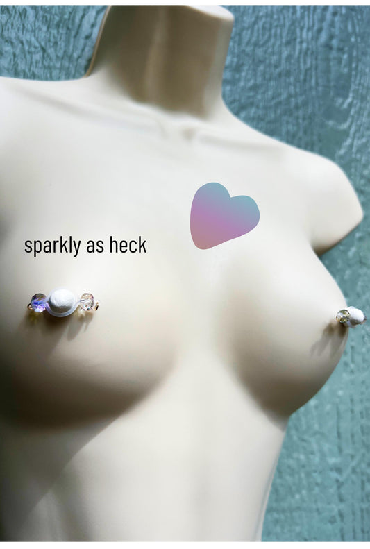 Classic Sparkly Barbell Nipple Rings / Faux Nipple Piercing / Nipple Chain Piercing