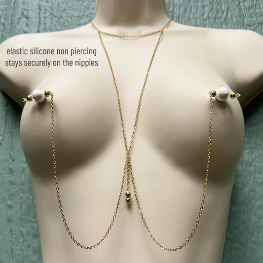 Triangle Choker Necklace to Faux Nipple Piercing or Nipple Clamp - Body Chain Jewelry / Bra Chain