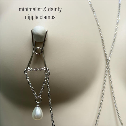 Silver Nipple Clamps with Chain & Pearls - Body Chain Jewelry / Bra Chain / Breast Harness