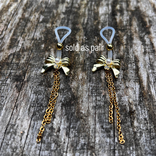 Gold Bow & Chain Dangle - Faux Nipple Piercing / Non Piercing Nipple Jewelry