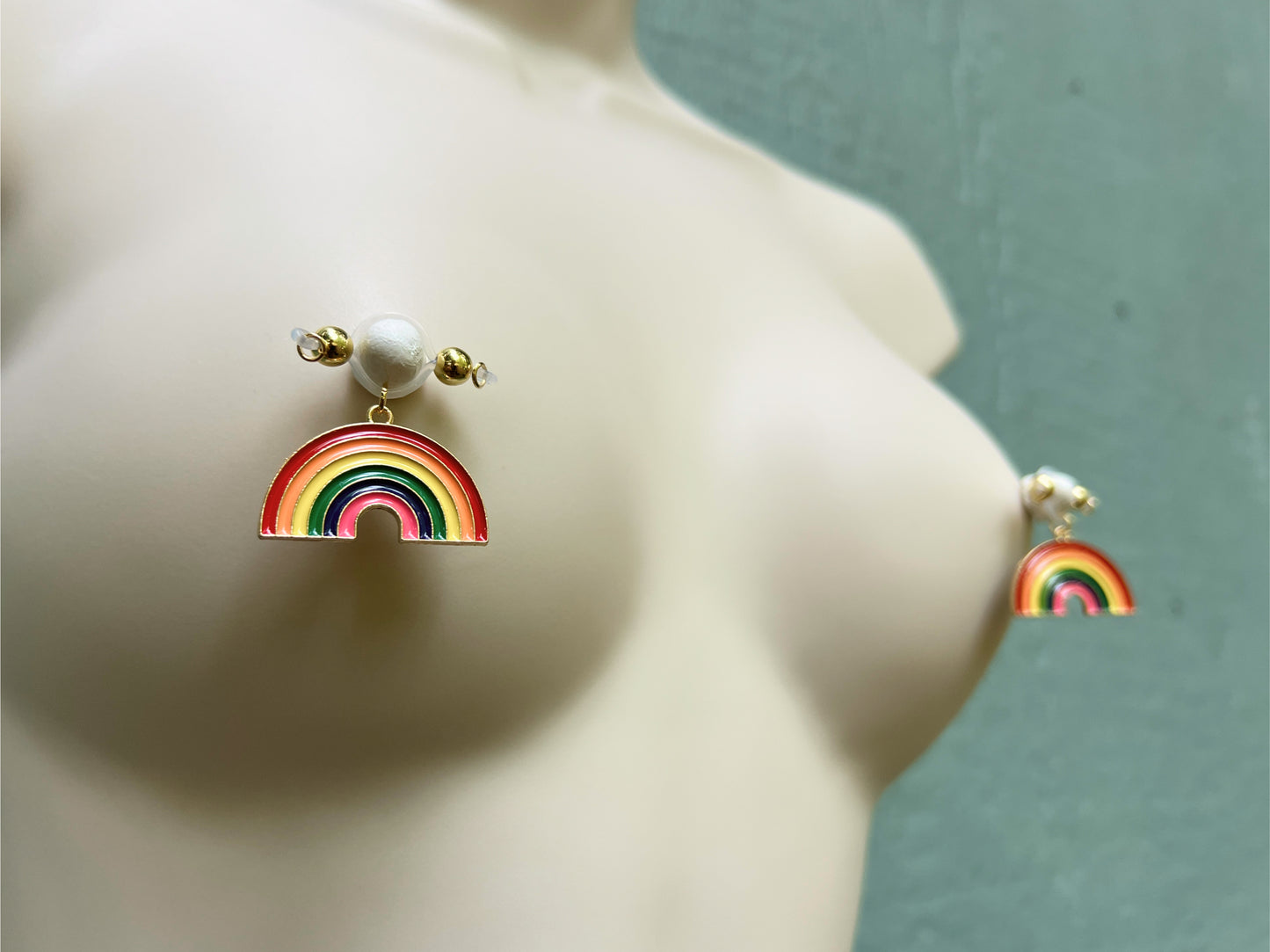 Big Rainbow Charm Fake Nipple Piercing - Pride Nipple Jewelry - Secretly Mine