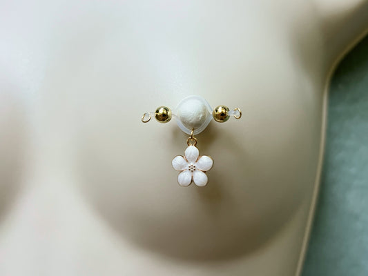 Dainty Flower Charm Nipple Rings - Barbell Fake Nipple Piercings / Non Piercing Nipple Jewelry