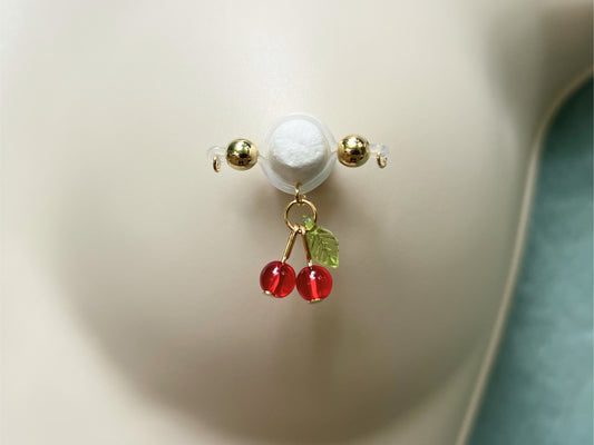 Dainty Cherry Charm Fake Nipple Piercing - Barbell Nipple Rings / Non Piercing Nipple Jewelry