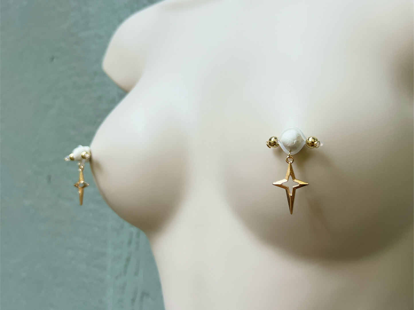 Gold Star Fake Nipple Rings - Barbell Fake Nipple Piercings / Non Piercing Nipple Jewelry
