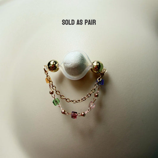 Golden Nipple Rings with Colorful Chain - Fake Nipple Piercings / Non Piercing Nipple Jewelry