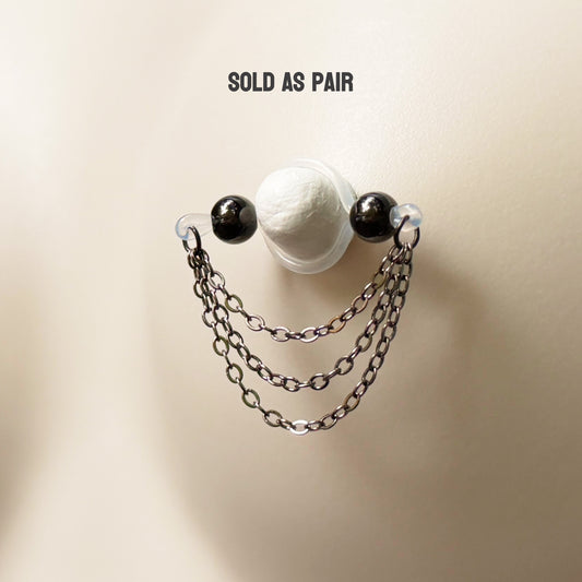 Black Barbell Nipple Rings with Triple Chain / Faux Nipple Piercings