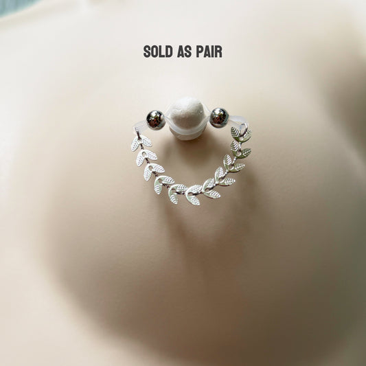 Fake Nipple Rings with Leaf Vine Chain - Barbell Fake Nipple Piercings / Nipple Jewelry