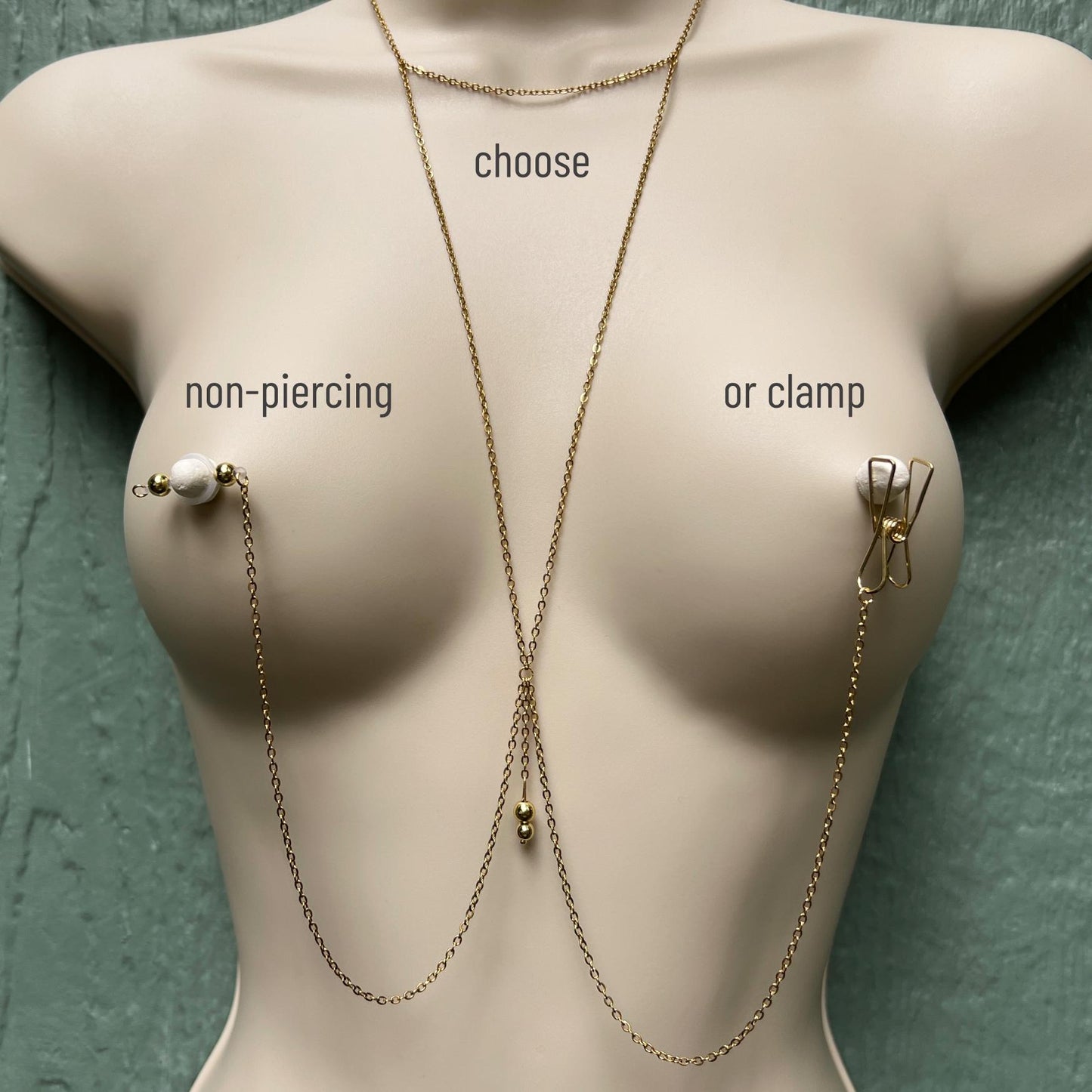 Triangle Choker Necklace to Faux Nipple Piercing or Nipple Clamp - Body Chain Jewelry / Bra Chain