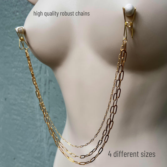 Nipple Clamps with Chains - Triple Nipple Chain Connector / Body Chain to Nipple Jewelry