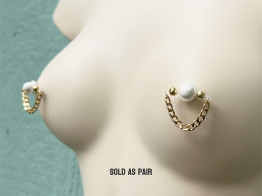 Gold Fake Nipple Piercing with Chunky Chain - Barbell Nipple Rings / Non Piercing Nipple Jewelry