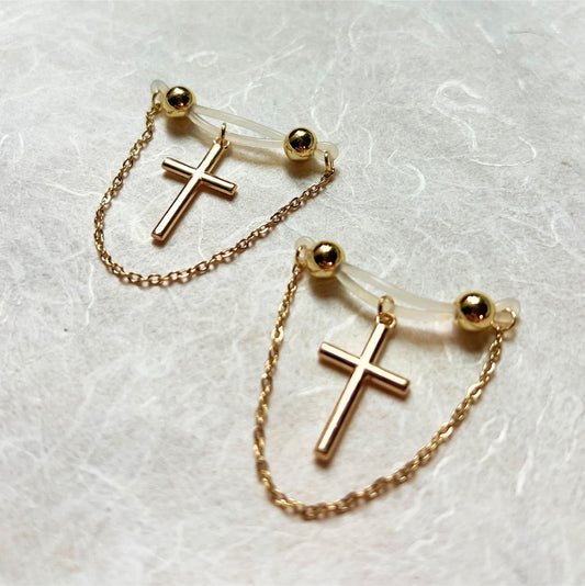Chain & Cross Barbell Nipple Rings - Nipple Chain Piercings / Christian Non Piercing Nipple Jewelry