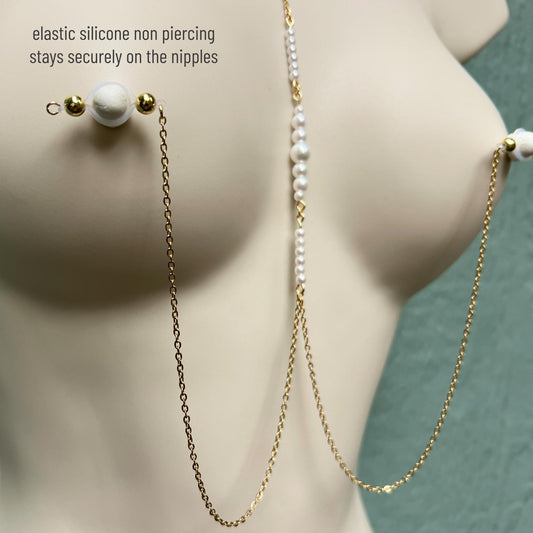 Pearl Choker Necklace to Faux Nipple Piercing or Nipple Clamp - Body Chain Jewelry / Bra Chain