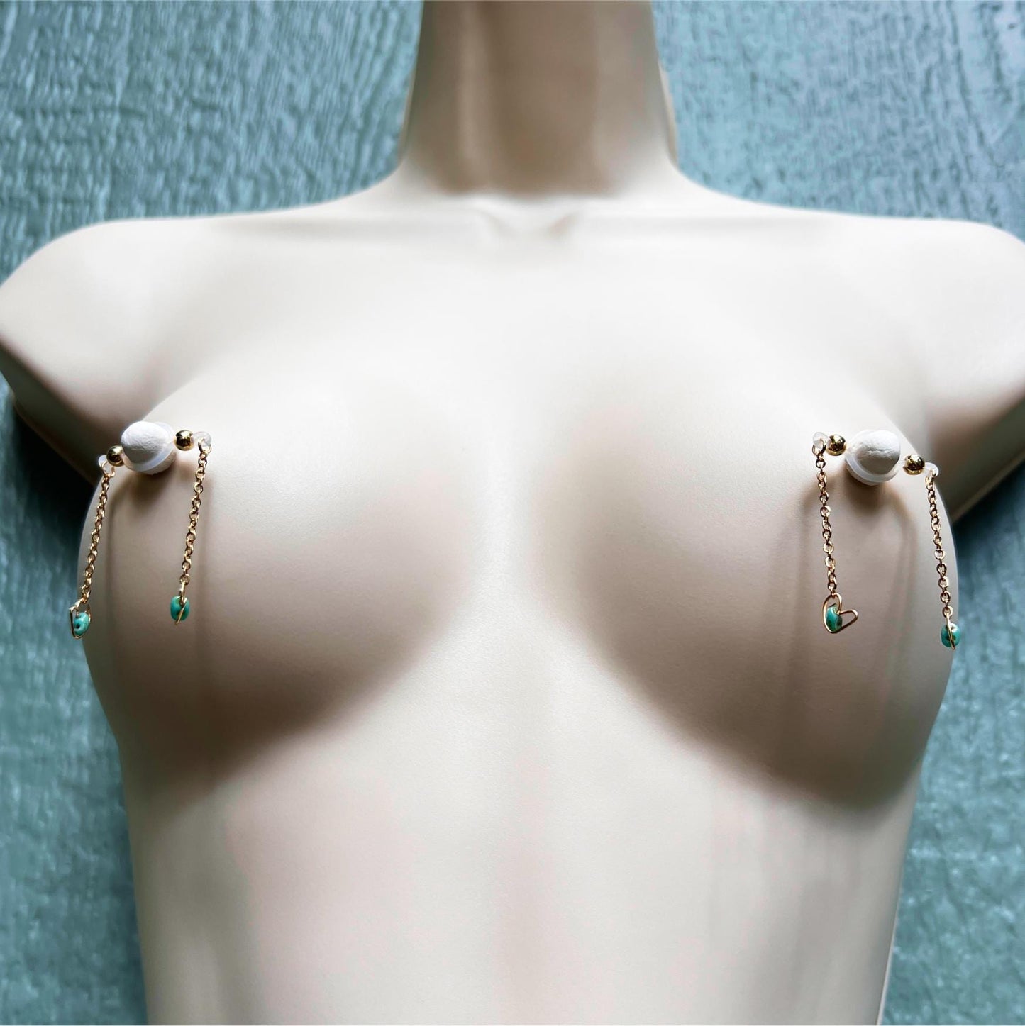 Turquoise Hearts - Barbell Nipple Chain Piercings / Non Piercing Nipple Jewelry