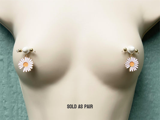 Daisy Flower Charm Faux Nipple Piercing - Barbell Nipple Rings / Nipple Jewelry Non Piercing