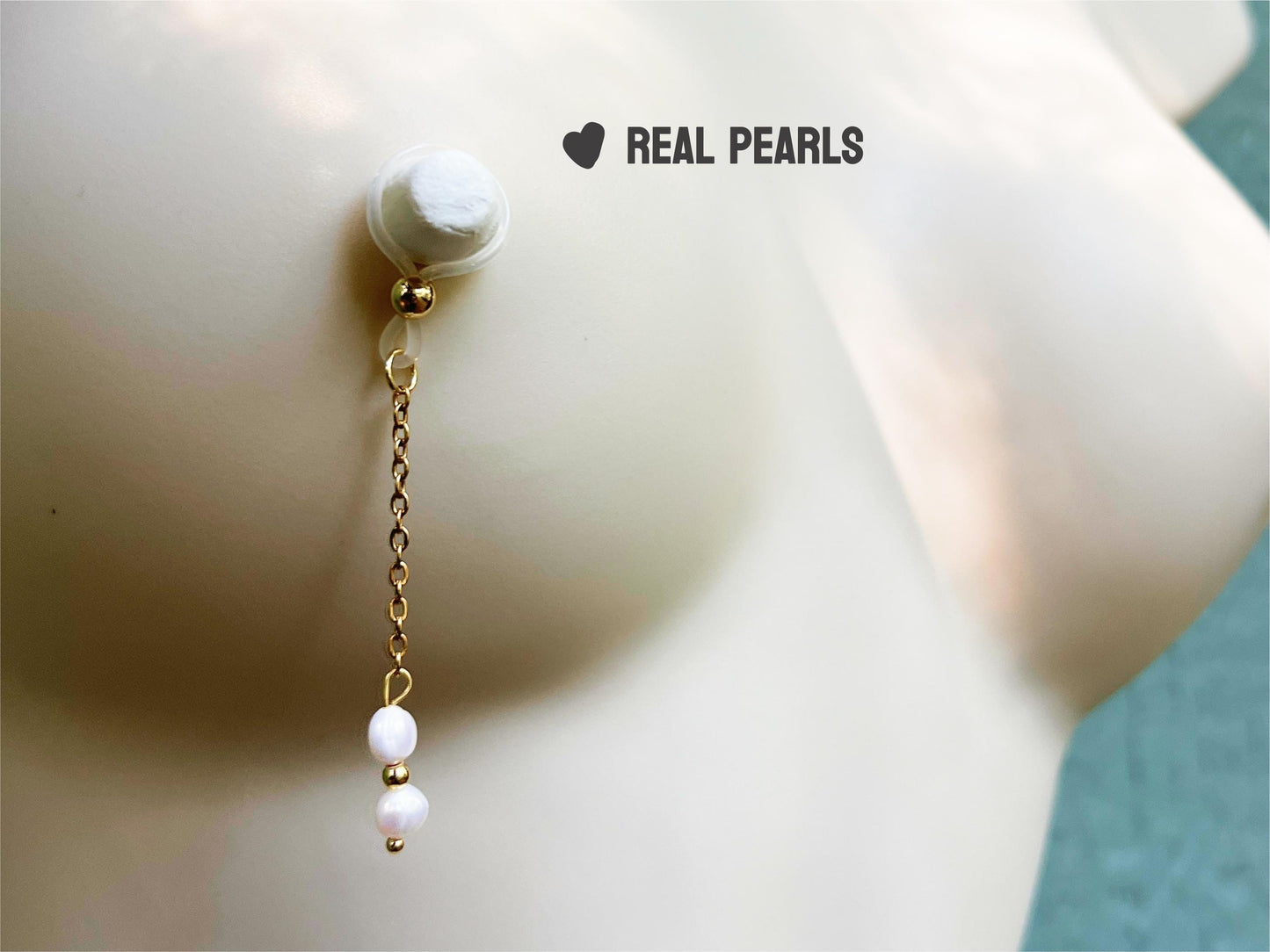 nipple noose jewelry with white pearl chain, real pearl nipple non piercing, wedding nipple jewelry