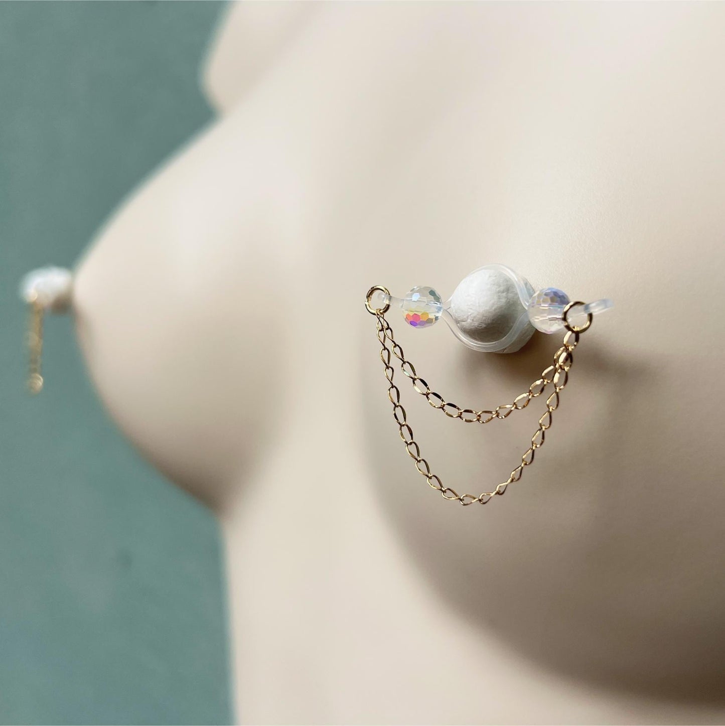 Sparkly Beads & Dainty Chains - Barbell Nipple Rings / Faux Nipple Piercing
