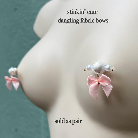 Cute Pink Bow - Barbell Nipple Rings / Faux Nipple Piercing