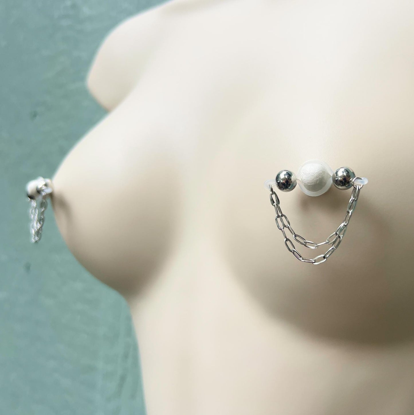 Chain & Large Silver Barbell Nipple Jewelry - Barbell Nipple Chain Piercings / Non Piercing Nipple Jewelry