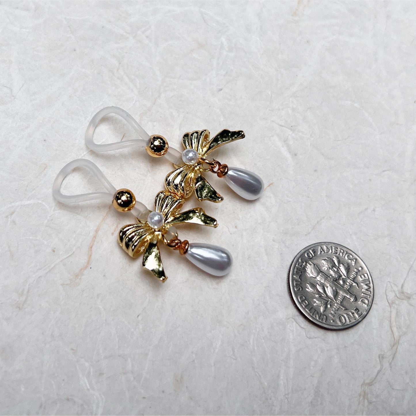 Gold Bow & Pearl Dangle - Faux Nipple Piercing / Non Piercing Nipple Jewelry