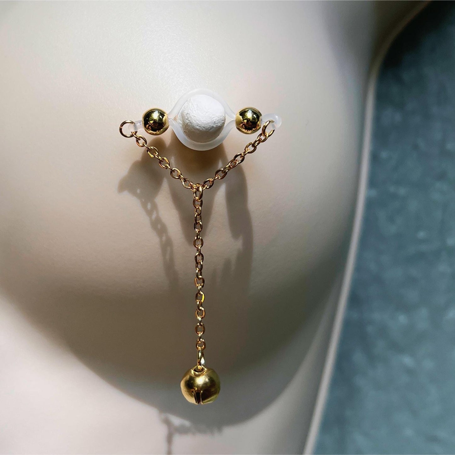 Golden Jingle Bell Non Piercing Nipple Jewelry - Barbell Nipple Rings / Faux Nipple Piercing