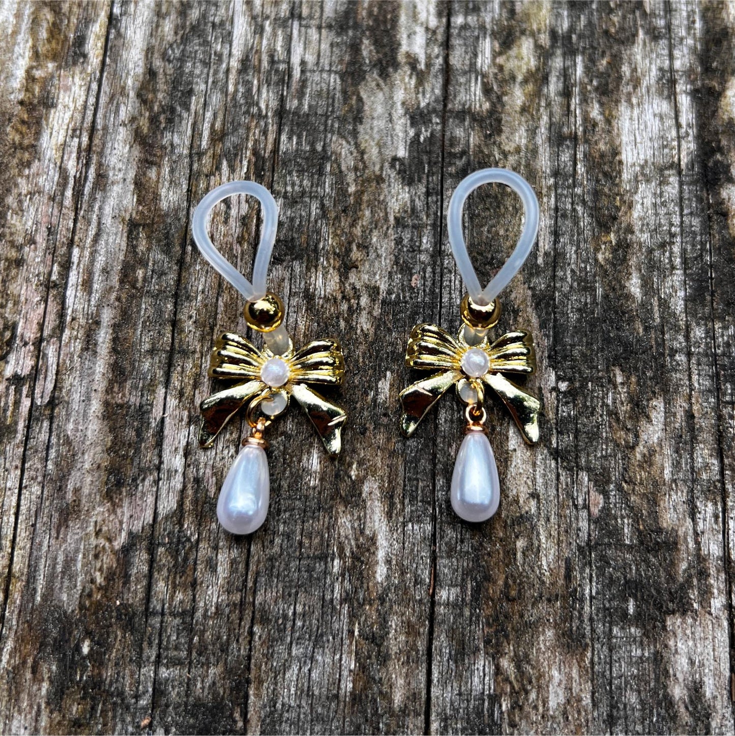Gold Bow & Pearl Dangle - Faux Nipple Piercing / Non Piercing Nipple Jewelry