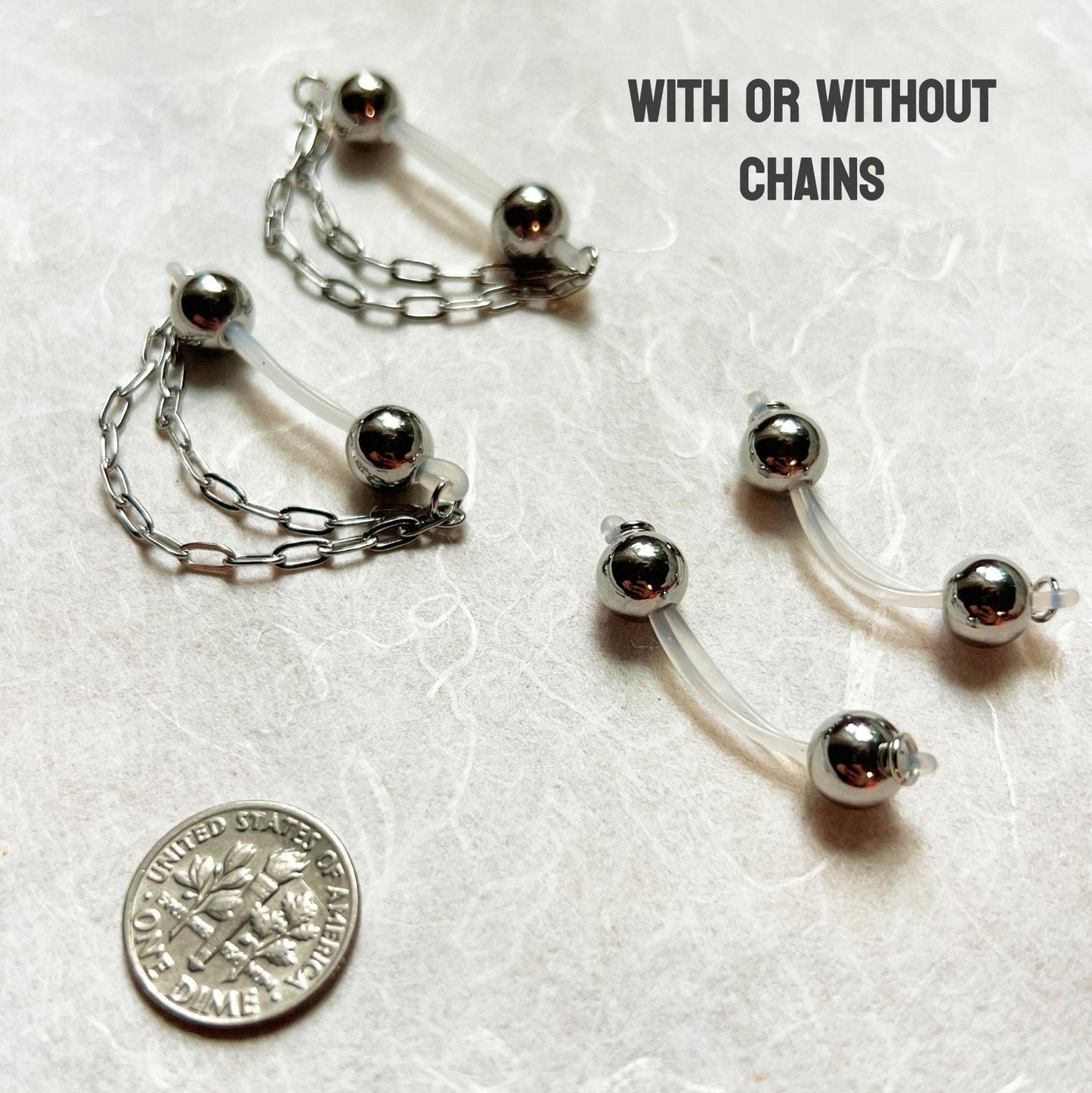 Chain & Large Silver Barbell Nipple Jewelry - Barbell Nipple Chain Piercings / Non Piercing Nipple Jewelry