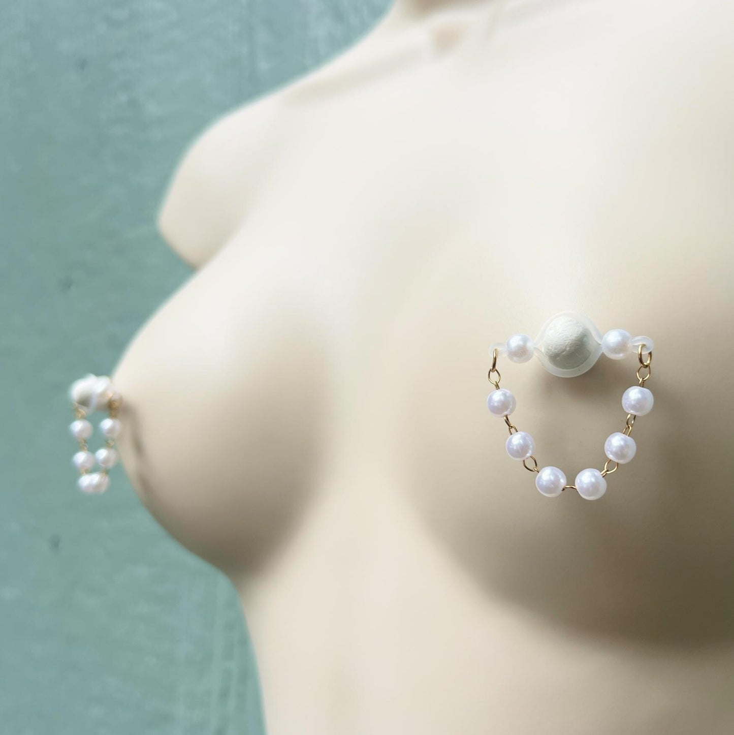 pearl nipple jewelry, fake nipple piercing with pearl barbells and pearl chain