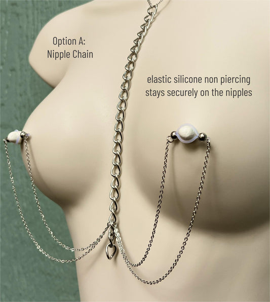 Chunky Body Chain Choker - Breast Harness with Faux Nipple Piercing / Bra Chain