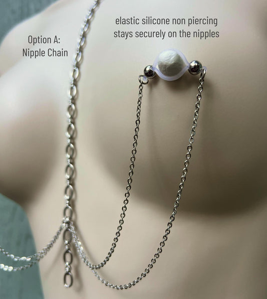 Chunky Body Chain to Faux Nipple Piercing - Choker Breast Harness / Bra Chain