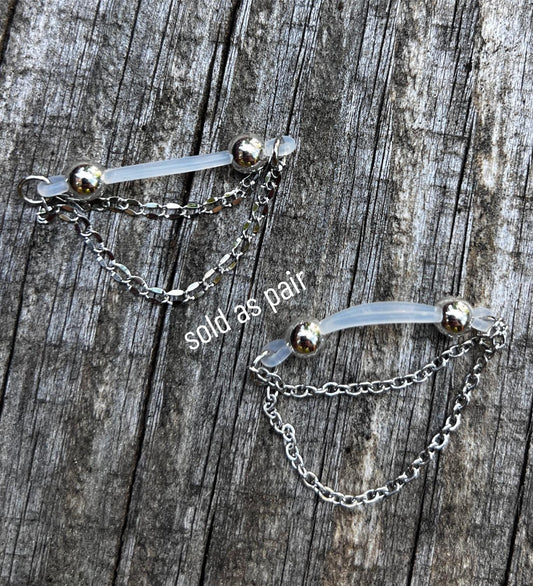 Silver Barbell Nipple Chain Piercing - Fake Nipple Piercing / Clip On Nipple Rings