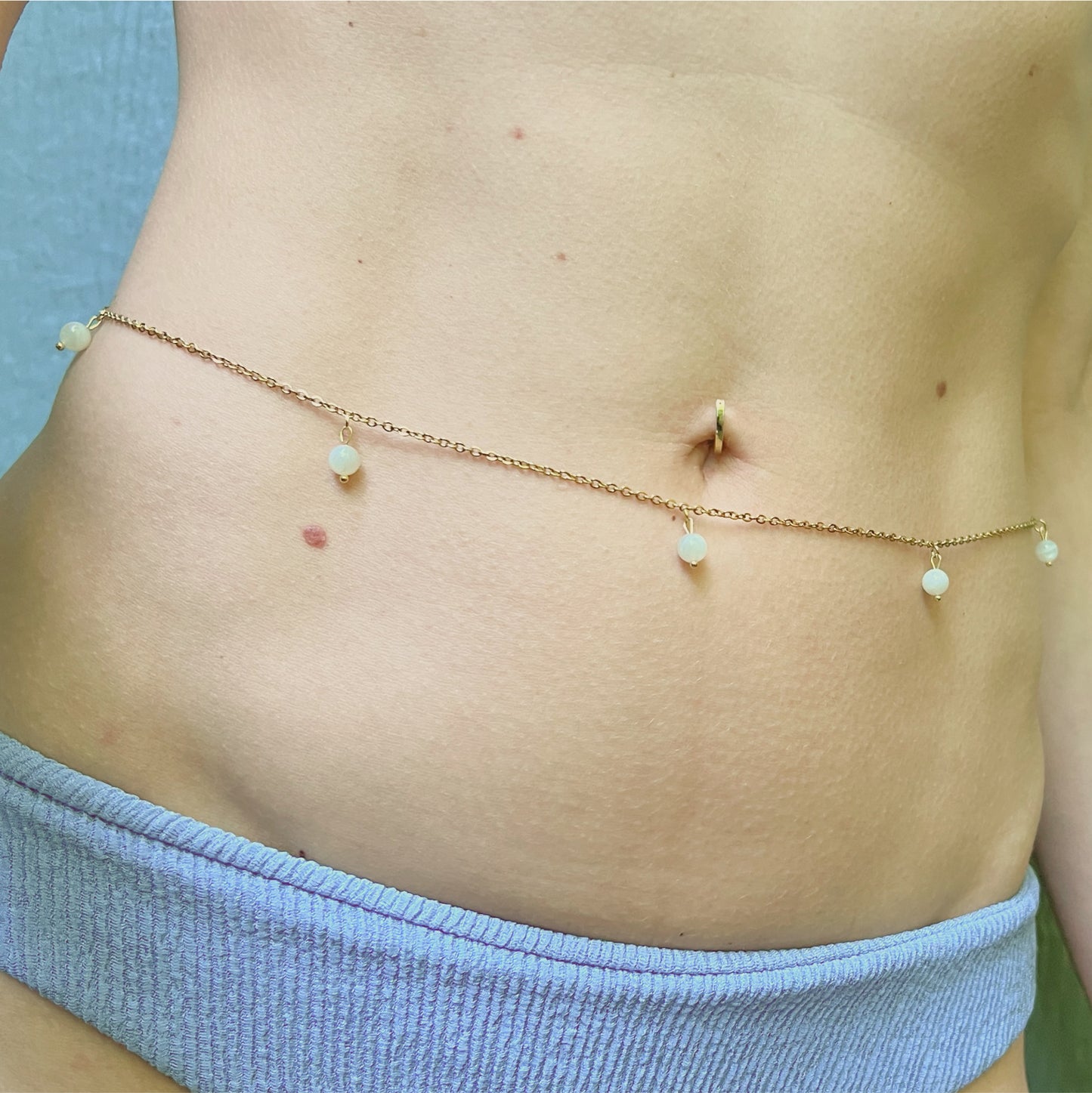 Dainty Belly Chain Beaded with Pearls or Moonstone / Waist Chain Jewelry - Waterproof Body Chain