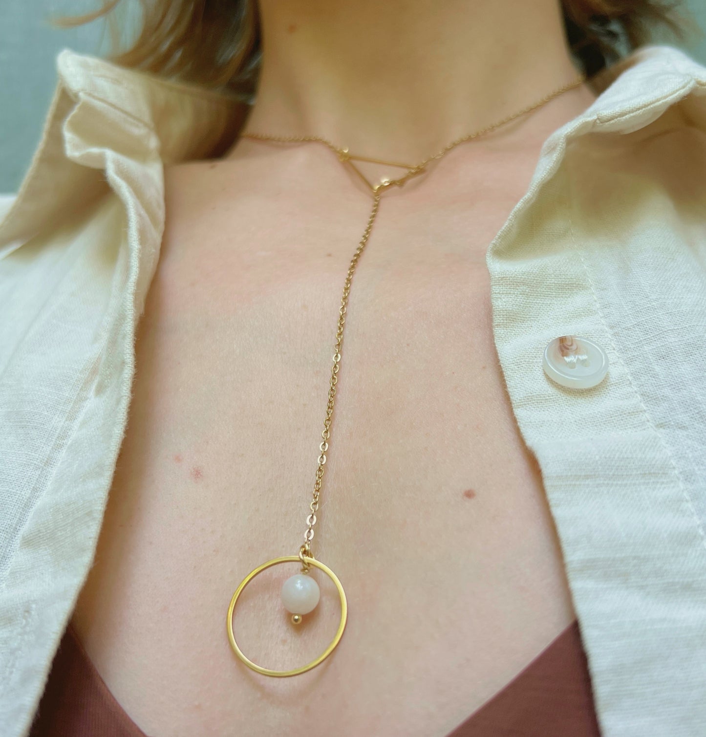 Lariat Necklace with O Ring & Triangle / Discreet Collar with Gemstones - Submissive Jewelry