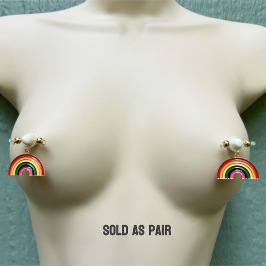 Pride Rainbow Faux Nipple Piercing - Barbell Nipple Rings / Nipple Jewelry Non Piercing