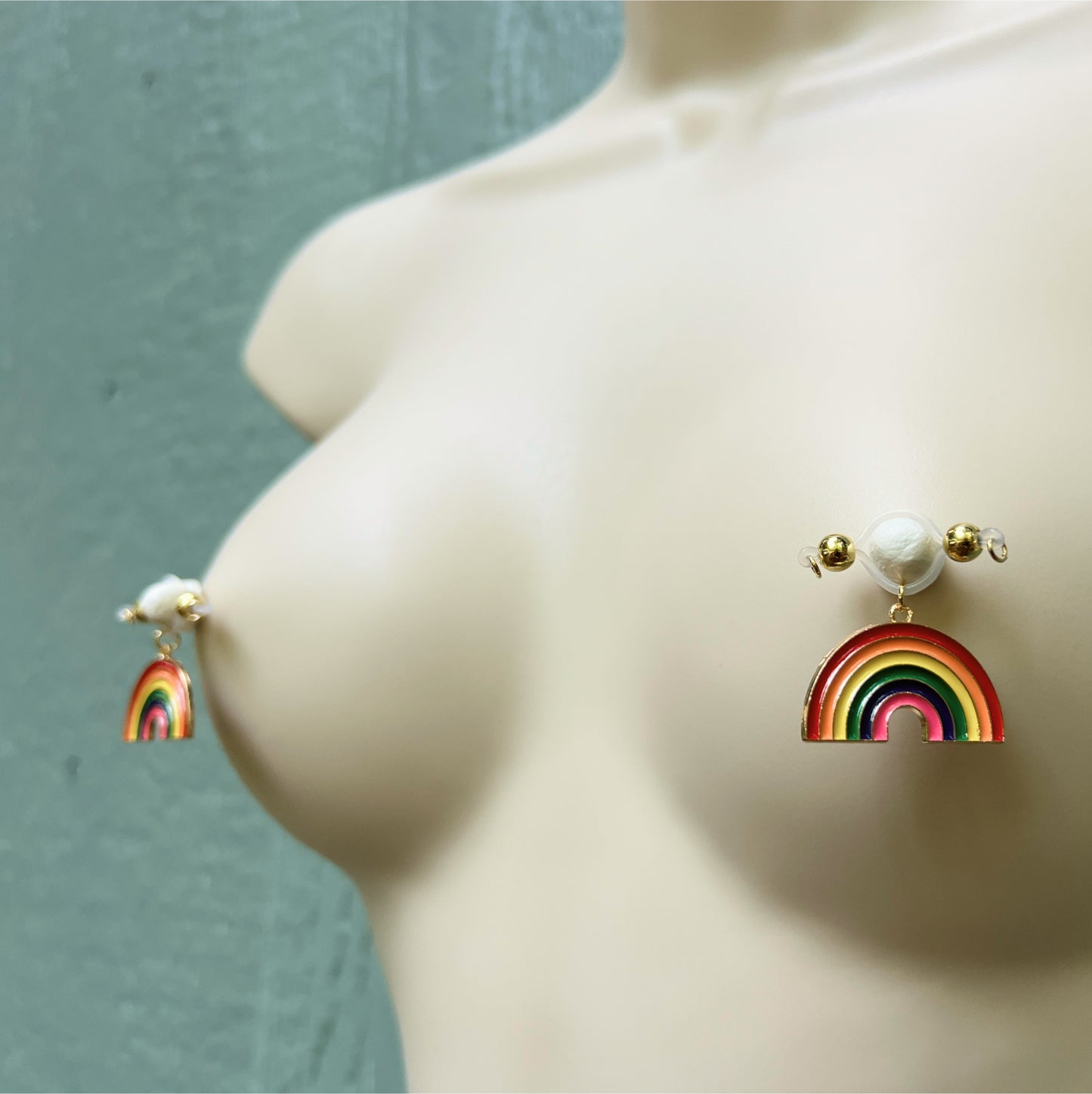 Pride Rainbow Faux Nipple Piercing - Barbell Nipple Rings / Nipple Jewelry Non Piercing