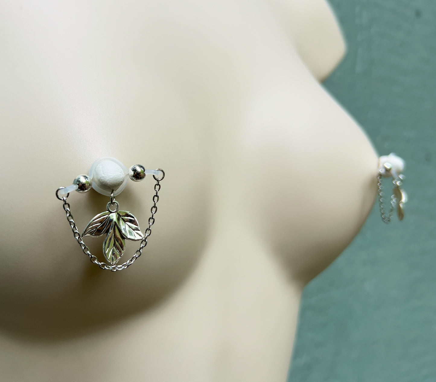 Leaf Charm Nipple Rings - Barbell Fake Nipple Piercings / Non Piercing Nipple Jewelry
