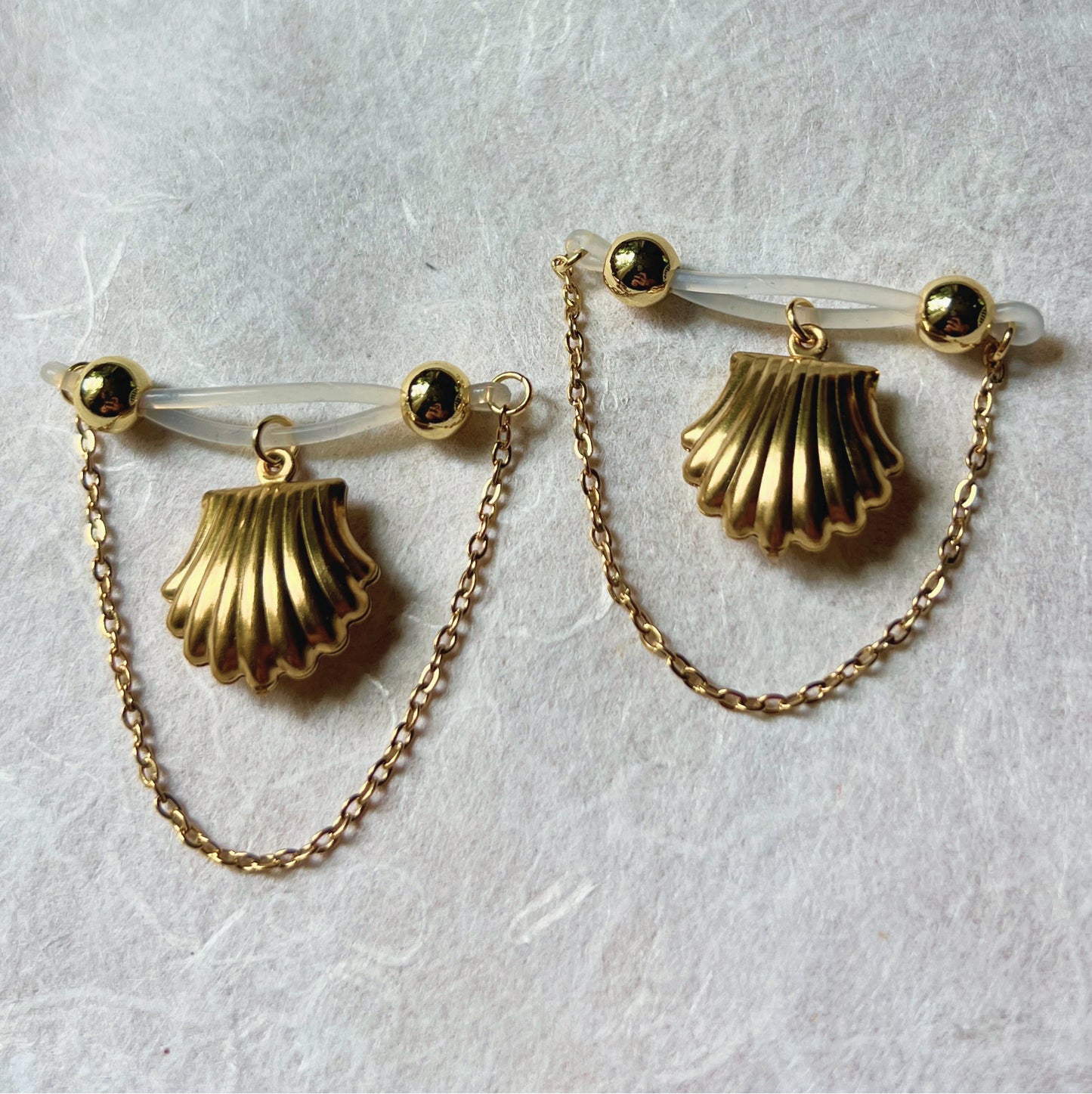 Shell Fake Nipple Piercing - Barbell Nipple Chain Piercings / Non Piercing Nipple Jewelry