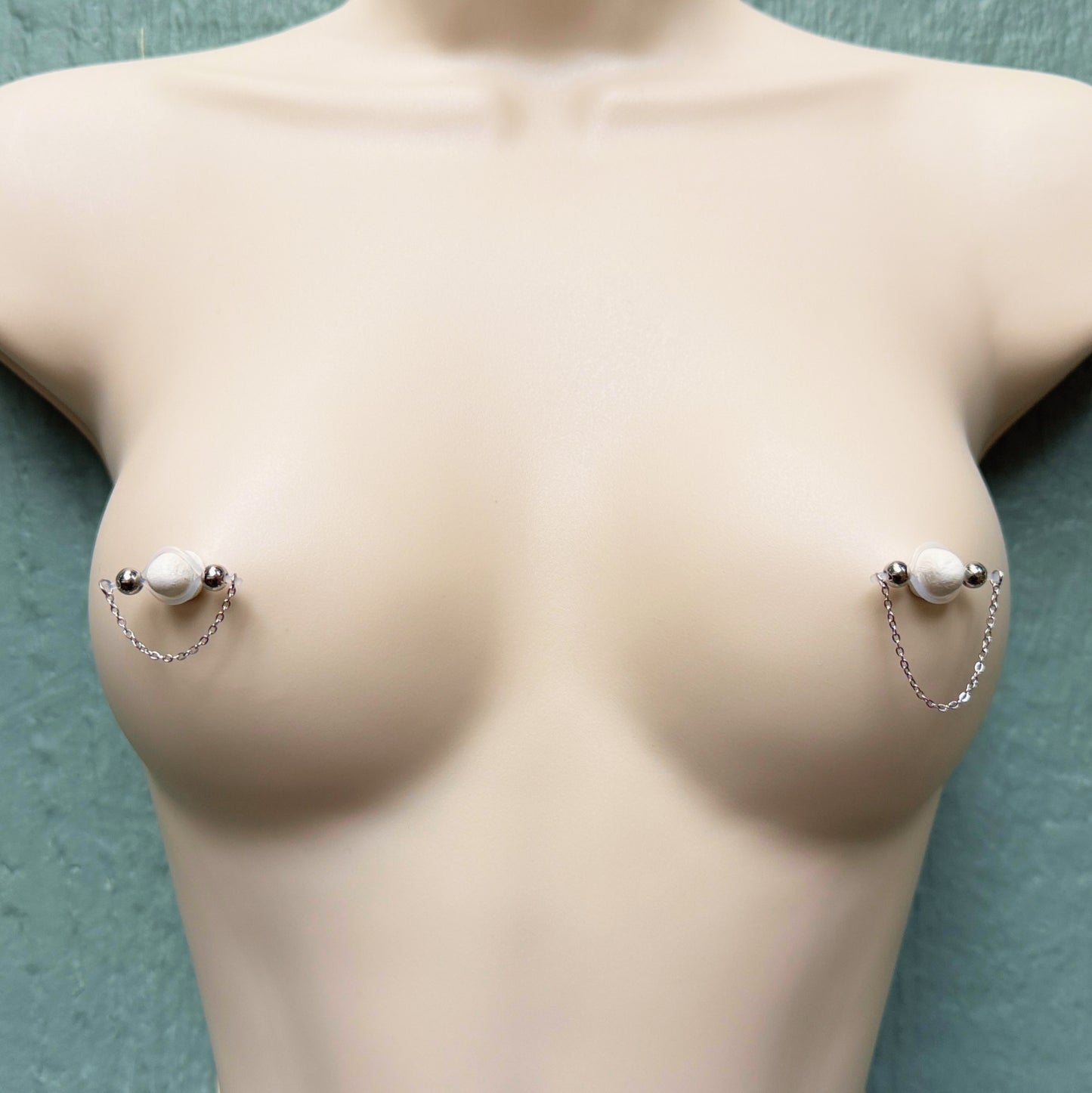 Silver Barbell Nipple Chain Piercing - Fake Nipple Piercing / Clip On Nipple Rings