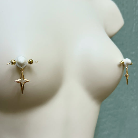 Gold Star Fake Nipple Rings - Barbell Fake Nipple Piercings / Non Piercing Nipple Jewelry