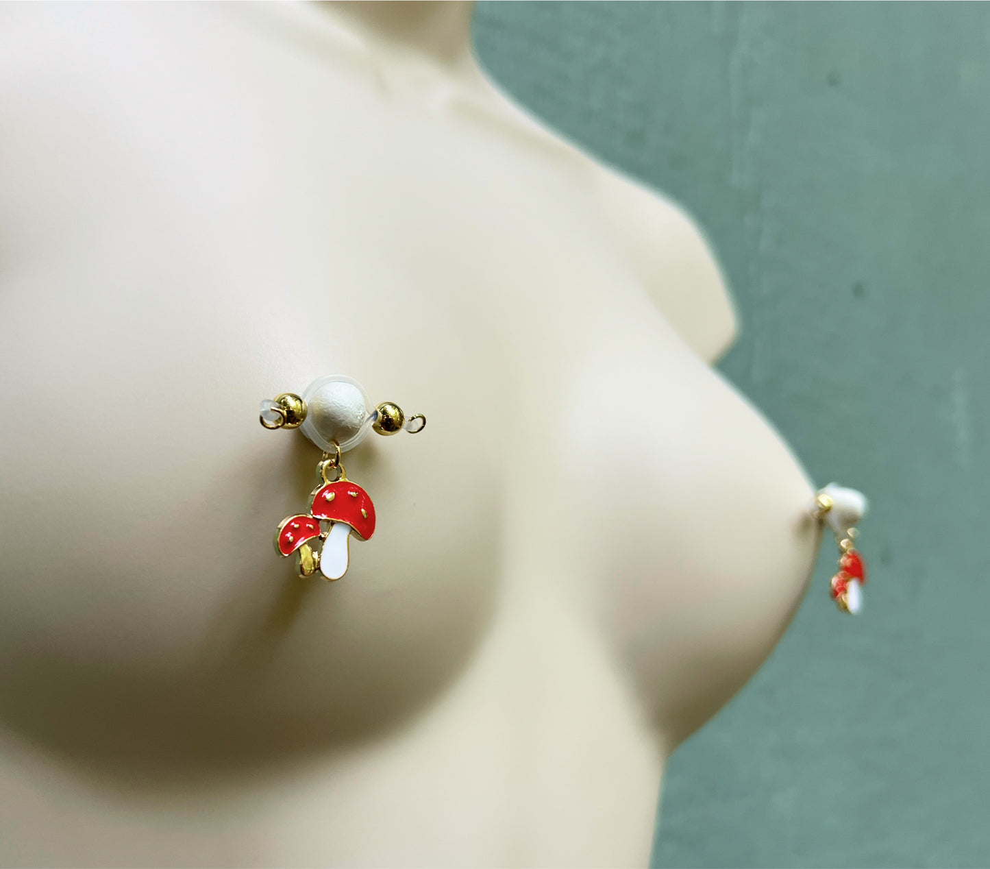 Mushroom Charm Faux Nipple Piercing - Barbell Nipple Rings / Nipple Jewelry Non Piercing