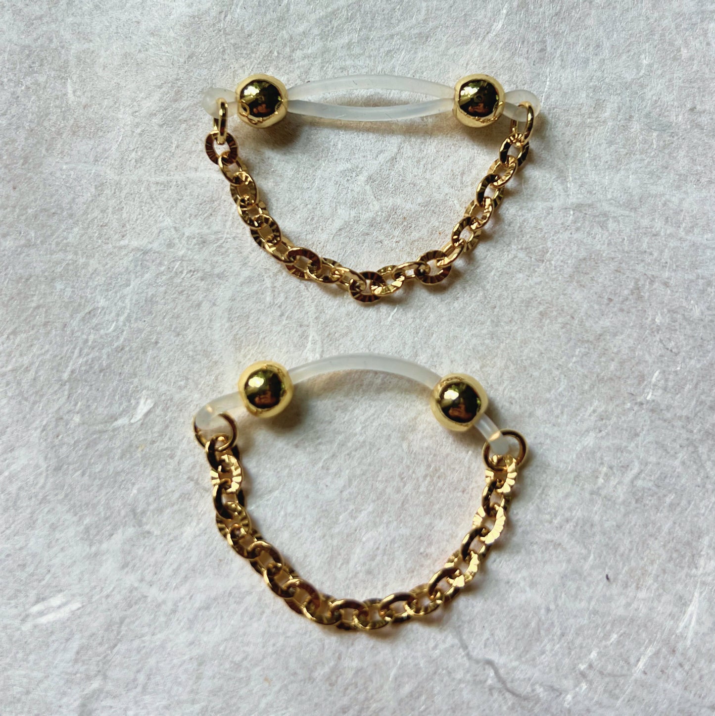 Golden Fake Nipple Piercing with Sparkly Chain - Barbell Nipple Rings / Non Piercing Nipple Jewelry
