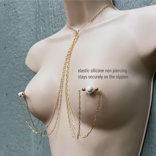 Choker Double Nipple Chain - Faux Nipple Piercing Body Chain Jewelry / Boho Chain Bra