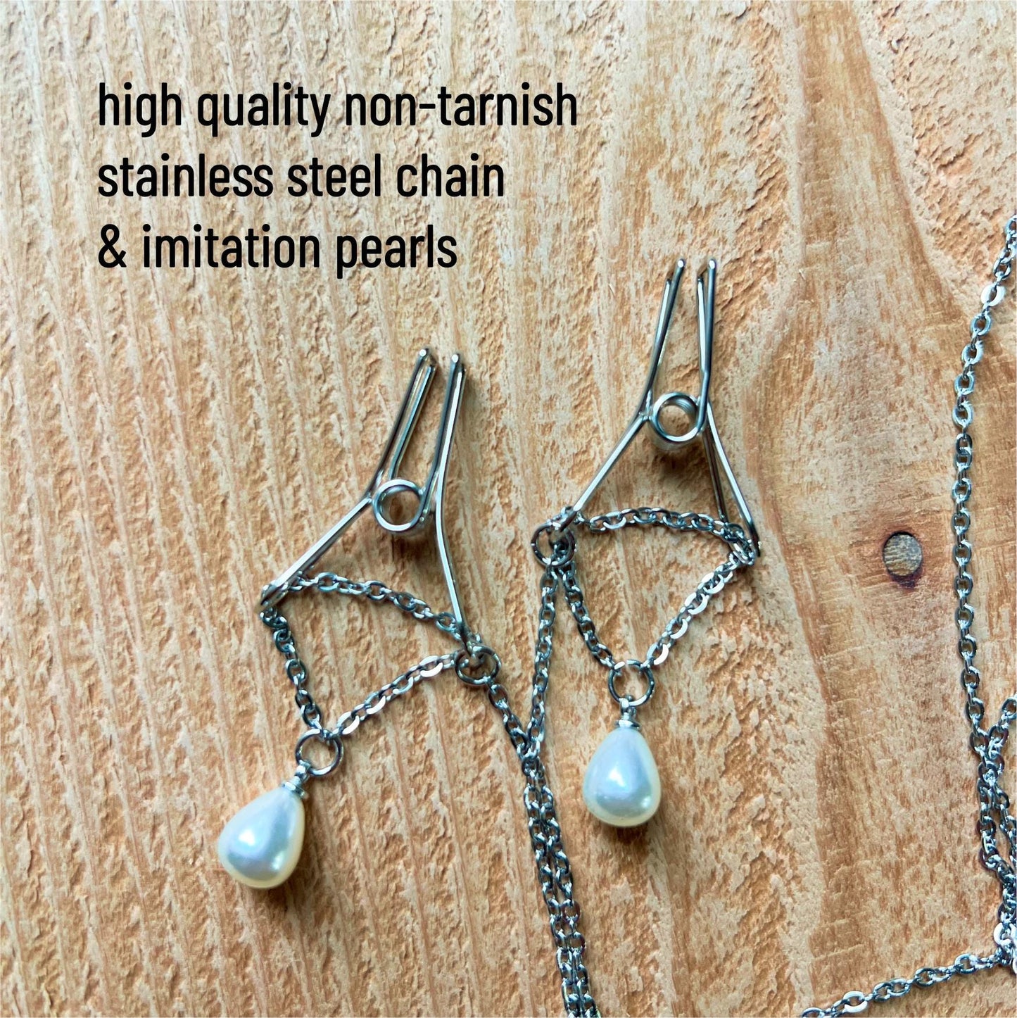 Silver Nipple Clamps with Chain & Pearls - Body Chain Jewelry / Bra Chain / Breast Harness