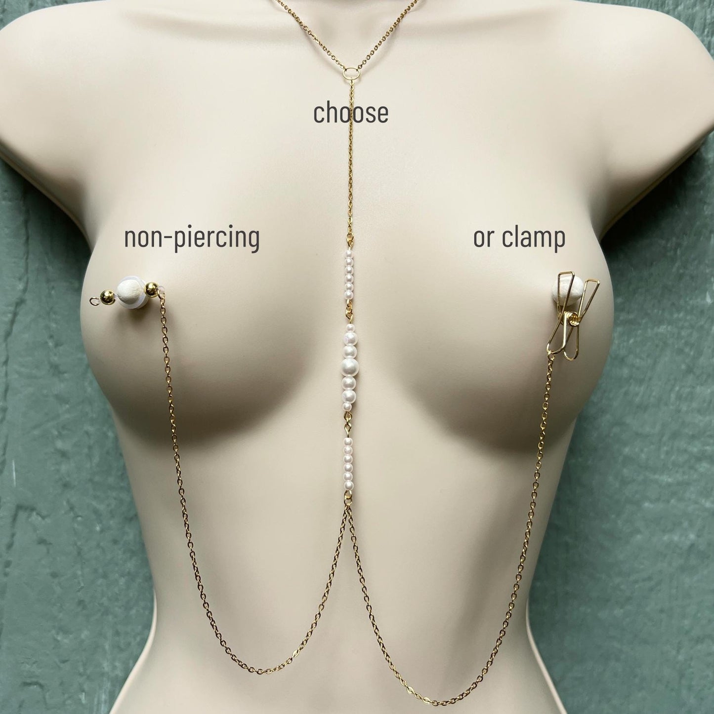 Pearl Choker Necklace to Faux Nipple Piercing or Nipple Clamp - Body Chain Jewelry / Bra Chain