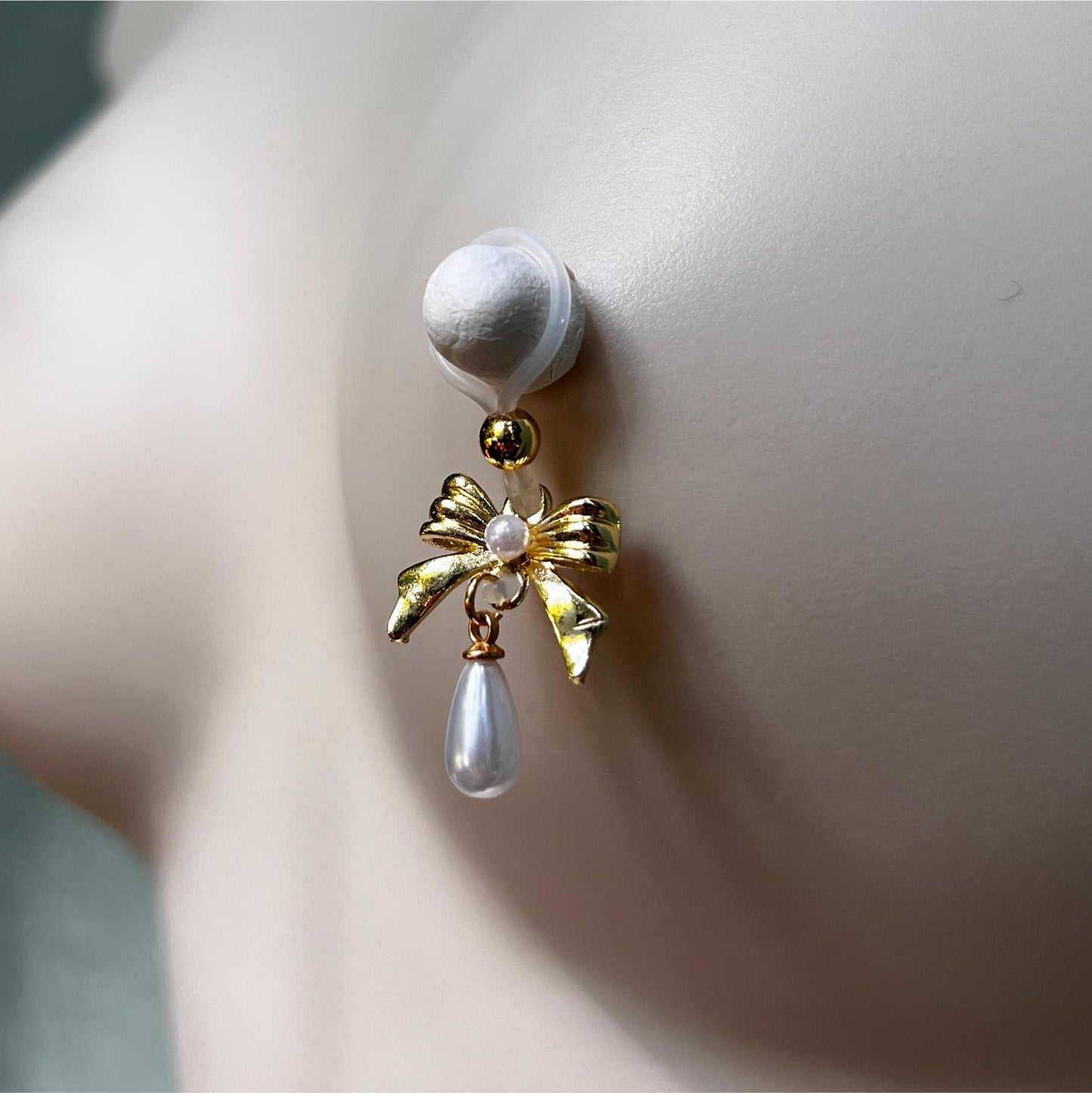 Gold Bow & Pearl Dangle - Faux Nipple Piercing / Non Piercing Nipple Jewelry