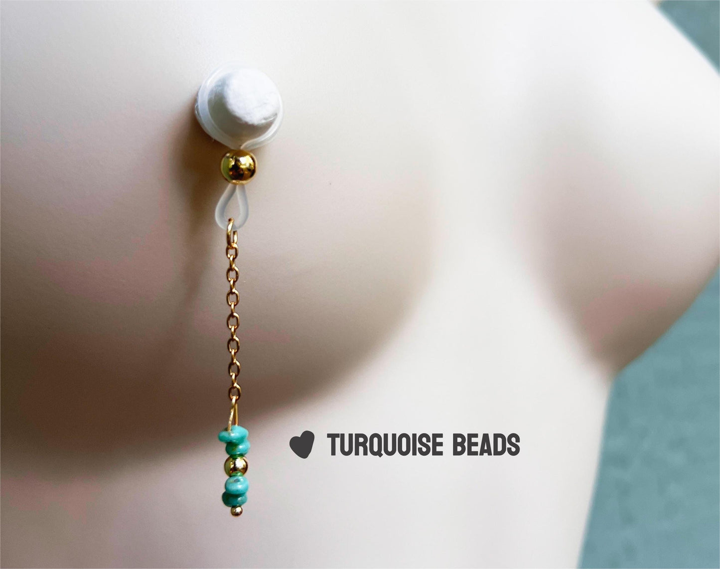 nipple noose piercing with gold chain and turquoise bead, gemstone nipple jewelry with turquoise, dangle nipple piercing